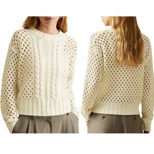 Reiss Ivory Wool Cashmere Cropped Boho married Cable Knit Sweater Women's Large